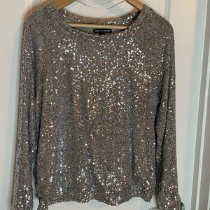 Holidays Cable & Gauge Silver Sequined Long Sleeve Blouse, Size Medium